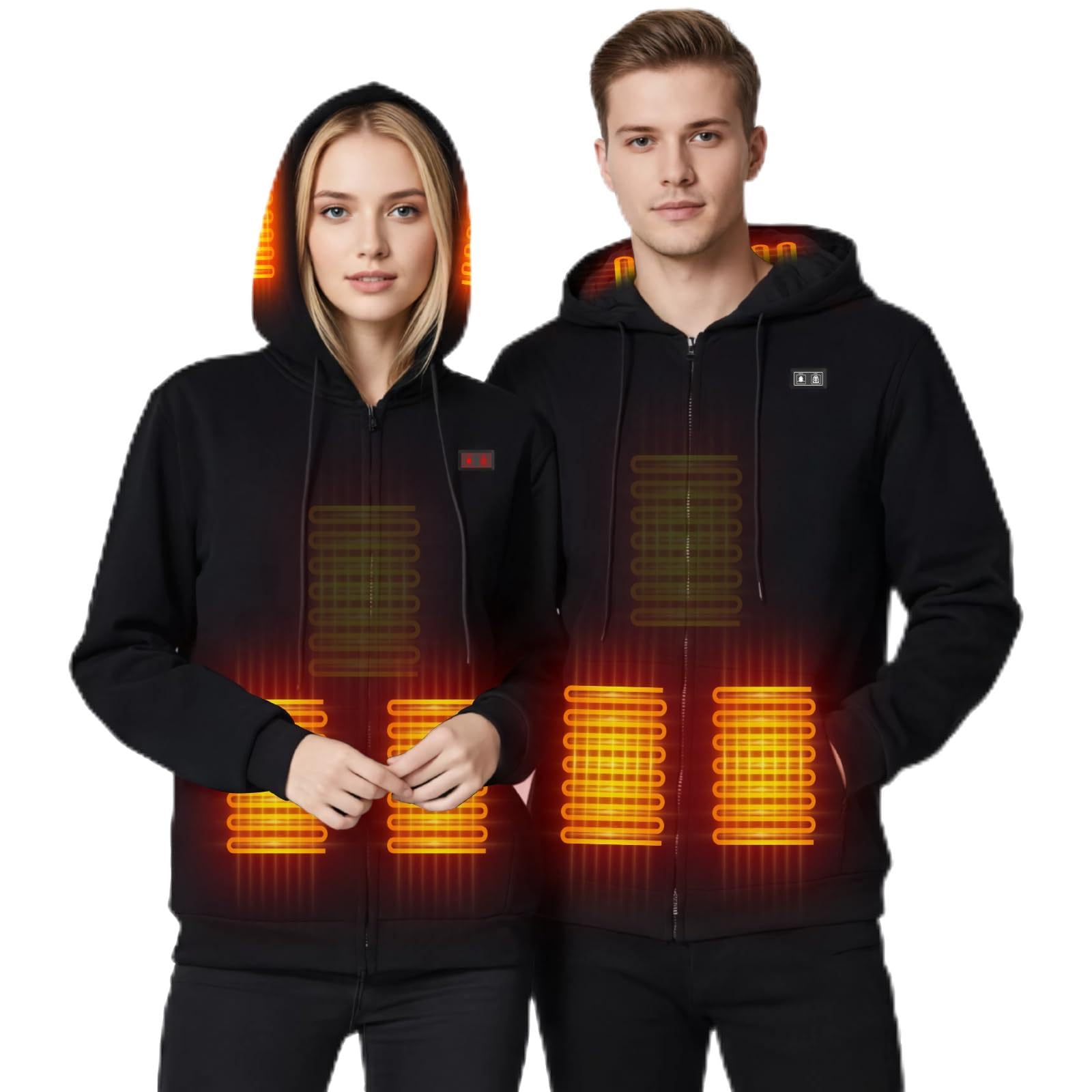 NEEMOSI Verwarmbare hoodie met accu, 27000 mAh, 7,4 V, 11 warmtezones, 3 warmtestanden, elektrisch verwarmd verwarmingsvest, capuchontrui voor heren en dames, casual, zwart, M