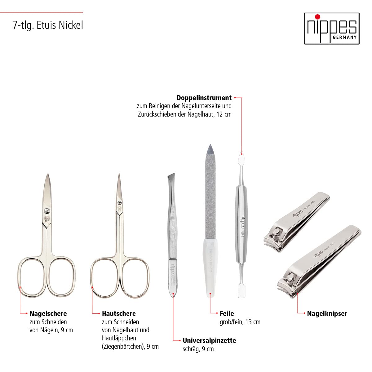 nippes Solingen Zestaw do manicure w romby, 7-częściowy, etui z jagnięcej nappa z ramą i skórzaną wyściółką wewnątrz, zestaw do pielęgnacji paznokci Made in Germany, zestaw do pielęgnacji paznokci z niklowanymi instrumentami