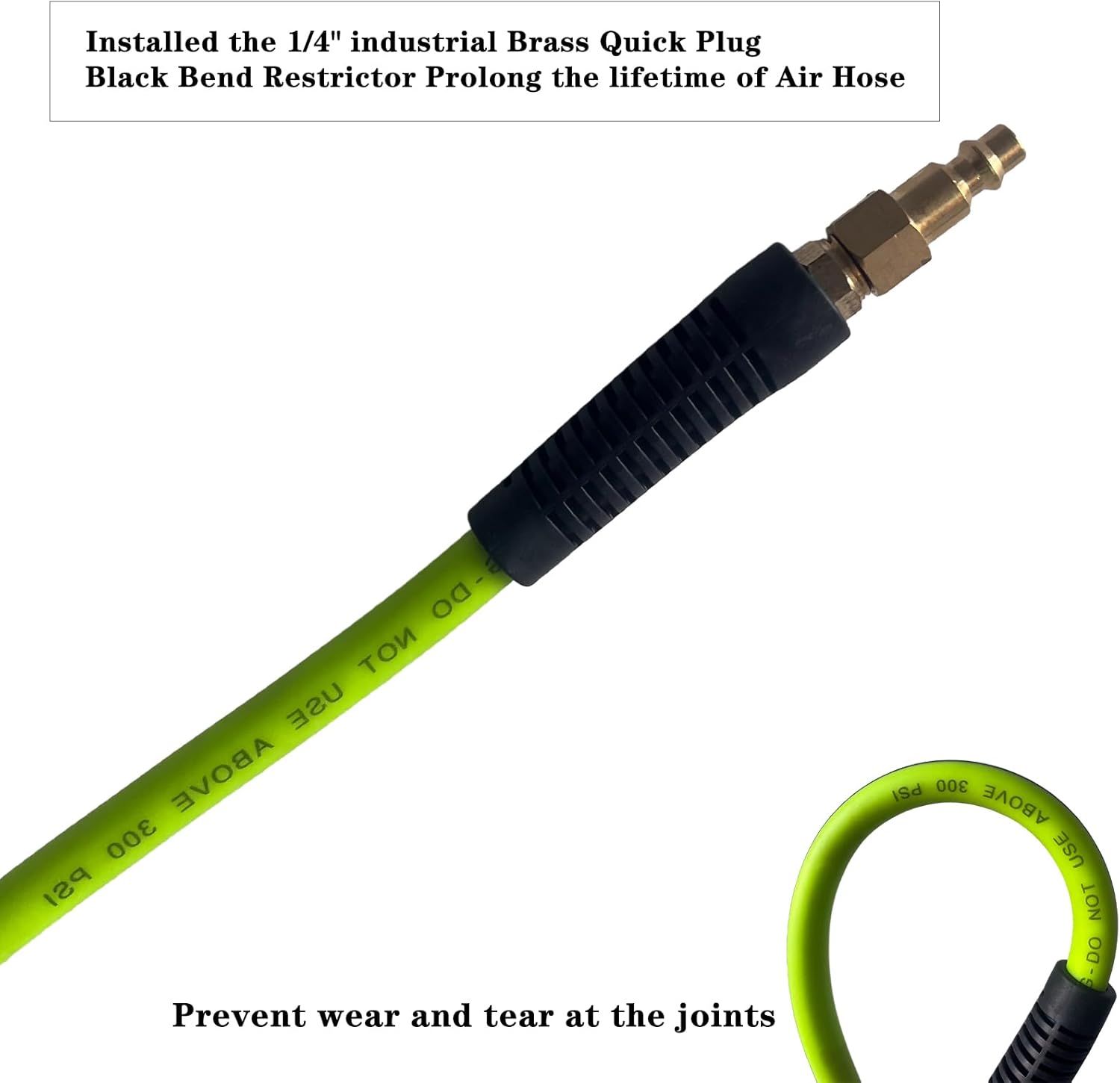 Air Hose 3/8 in x 50 ft, Heavy Duty, Lightweight, Kink Resistant, Hybrid Air Compressor Hose with 1/4 in Solid Brass Male Fittings, Bend Restrictors, 300 PSI (50FT, Green Black)