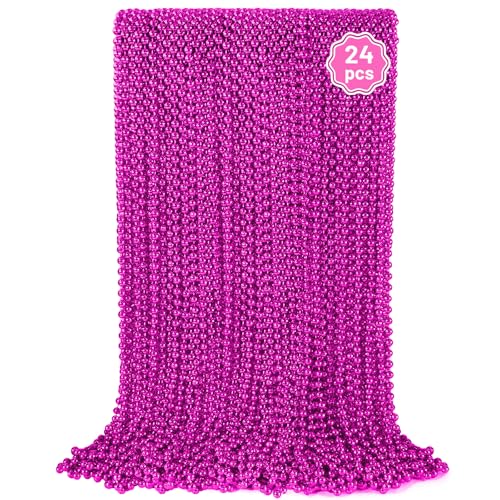 YAXINRUI 24 PCS Hot Pink Bead Necklaces Pink Mardi Gras Beads Cancer Awareness Beads Necklaces Valentine Necklace 33 Inch Round Party for Mardi Gras Christmas Cancer Awareness Month Events
