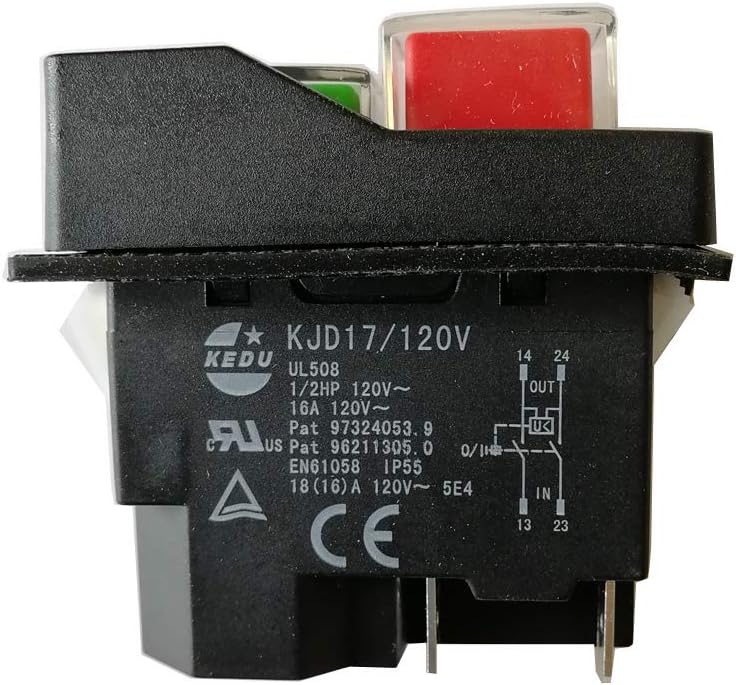 Kedu KJD17/120V Woodstock UL508 1/2HP IP55 16A 5E4 Table Saws Electromagnetic Pushbutton Switch ON Off Switch for Bench Saw Wood Saw Machine (KJD17-4P)