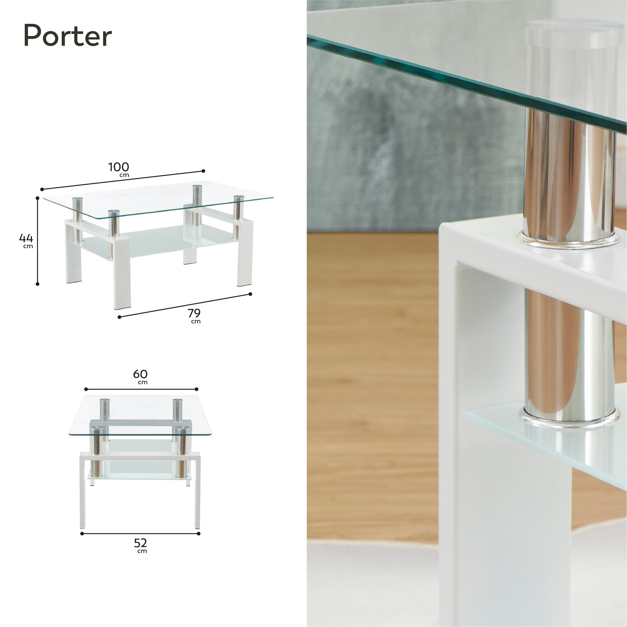 Mesa de Centro 100 x 60 x 44 cm Porter, Mesa de Cafe Rectangular con Vidrio Templado Transparente 6 mm y Estructura Blanca, diseño Elegante, para salón y Zona Lounge