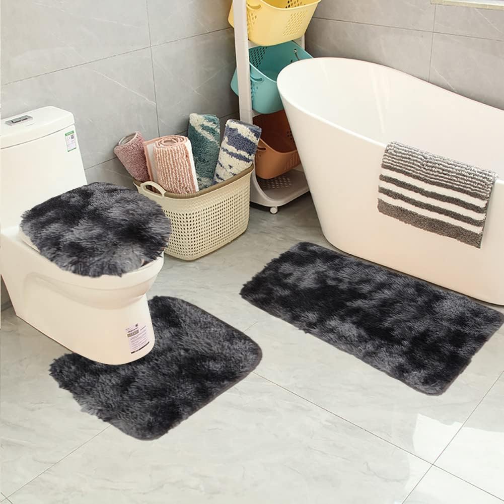 3 Piece Thickened Bath Rugs Set,Bath Rug + Contour Mat + Toilet Seat Cover,Super Soft Microfiber Water Absorbent & Non-Slip Bathroom Rugs with PVC Point Rubber Backing, Machine Washable (black gray)