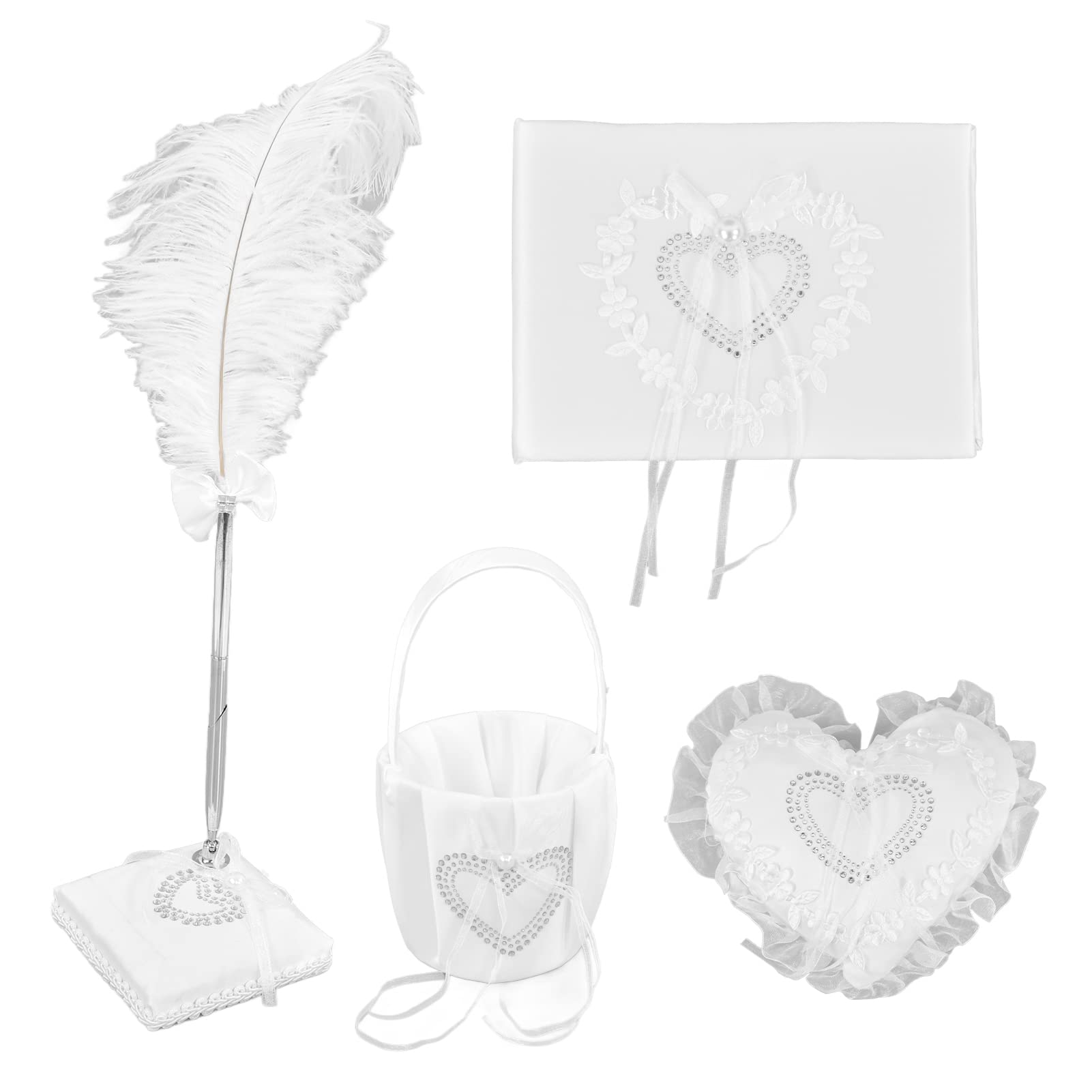Fdit Weißes Hochzeitskissen Set für Ringe, Indoor Outdoor Nutzung | Vierteiliges Set mit Blumenkorb, Gästebuch, Federzeichenstift, aus strapazierfähigem Stoff, ideal für romantische Anlässe