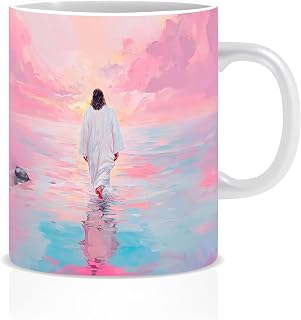 Jesus Pink Sunset Walking on Water Mug 11oz – Inspirational Christian Coffee Cup, Faith Religious Gift thumbnail