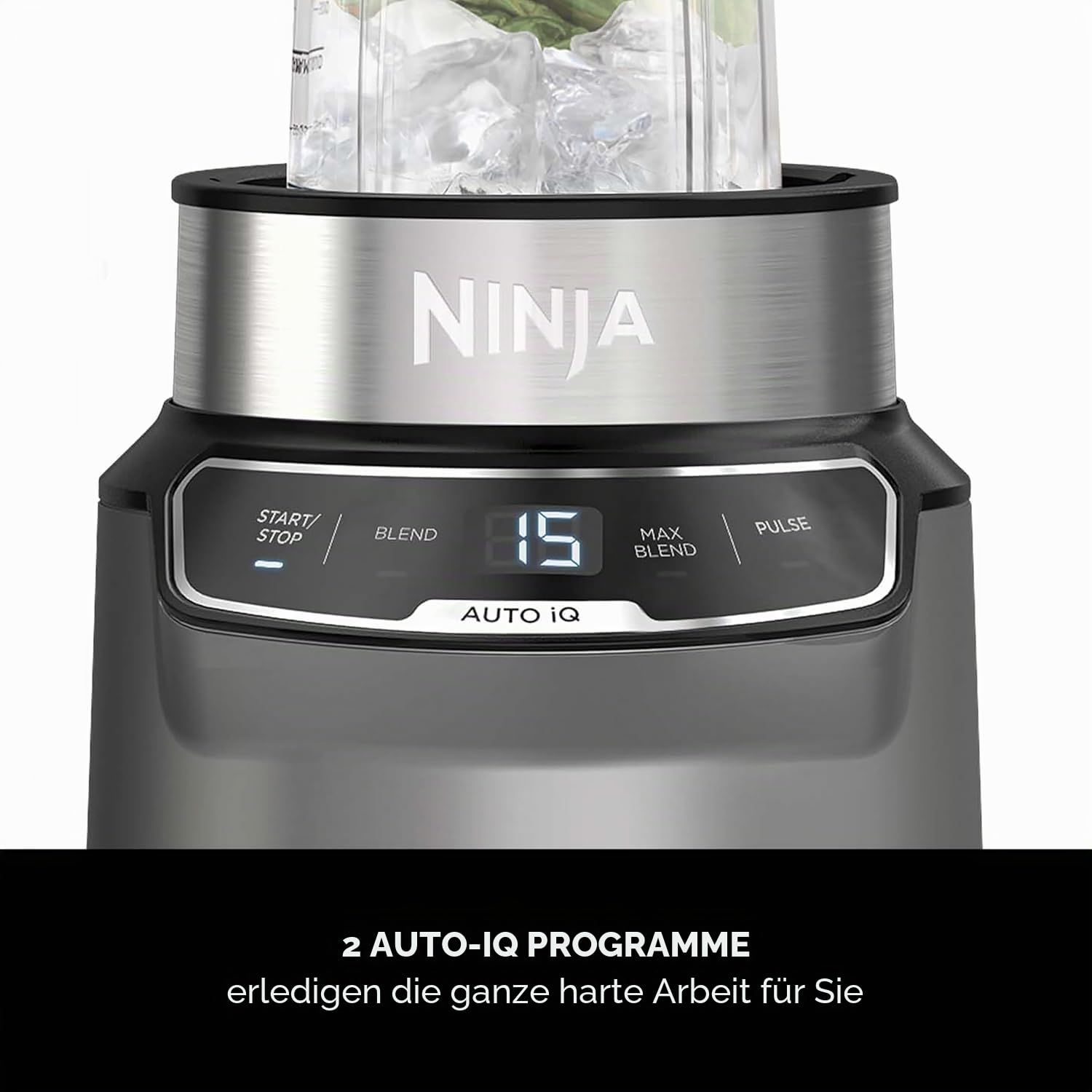 Ninja BN500UK Mixer mit Auto-iQ, Mix-in-Becher, One-Touch-Steuerung, Smoothies, Milchshakes und gefrorene Leckereien, spülmaschinenfeste Teile, Edelstahlklingen, 1000 W, 2 x 700-ml-Tassen, grau/silber