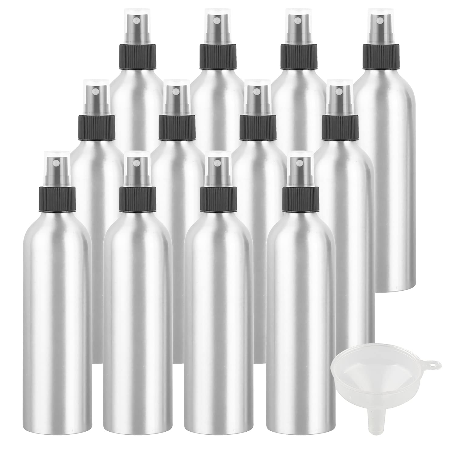 12 Stück 250 ml Leere Aluminium Sprühflasche mit Schwarz Sprühkopf Parfümzerstäuber Feinen Nebel Wassersprüher Zerstäuber Nachfüllbarer für Parfüm Ätherisches Öl, 1x Trichter