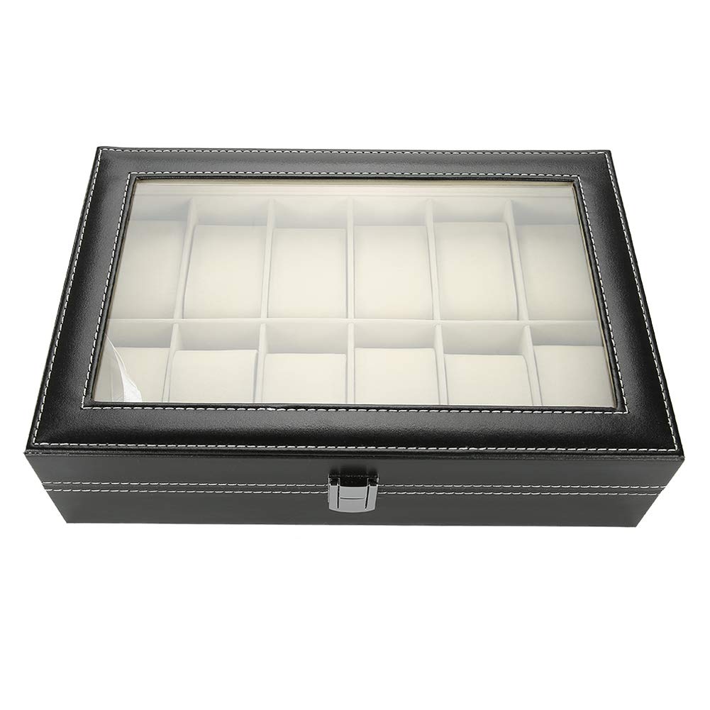 Organizzatore di scatole di immagazzinaggio per vetrine per orologi in pelle PU con 12 griglie per custodia per orologi con copertura in vetro con chiusura a chiave da viag