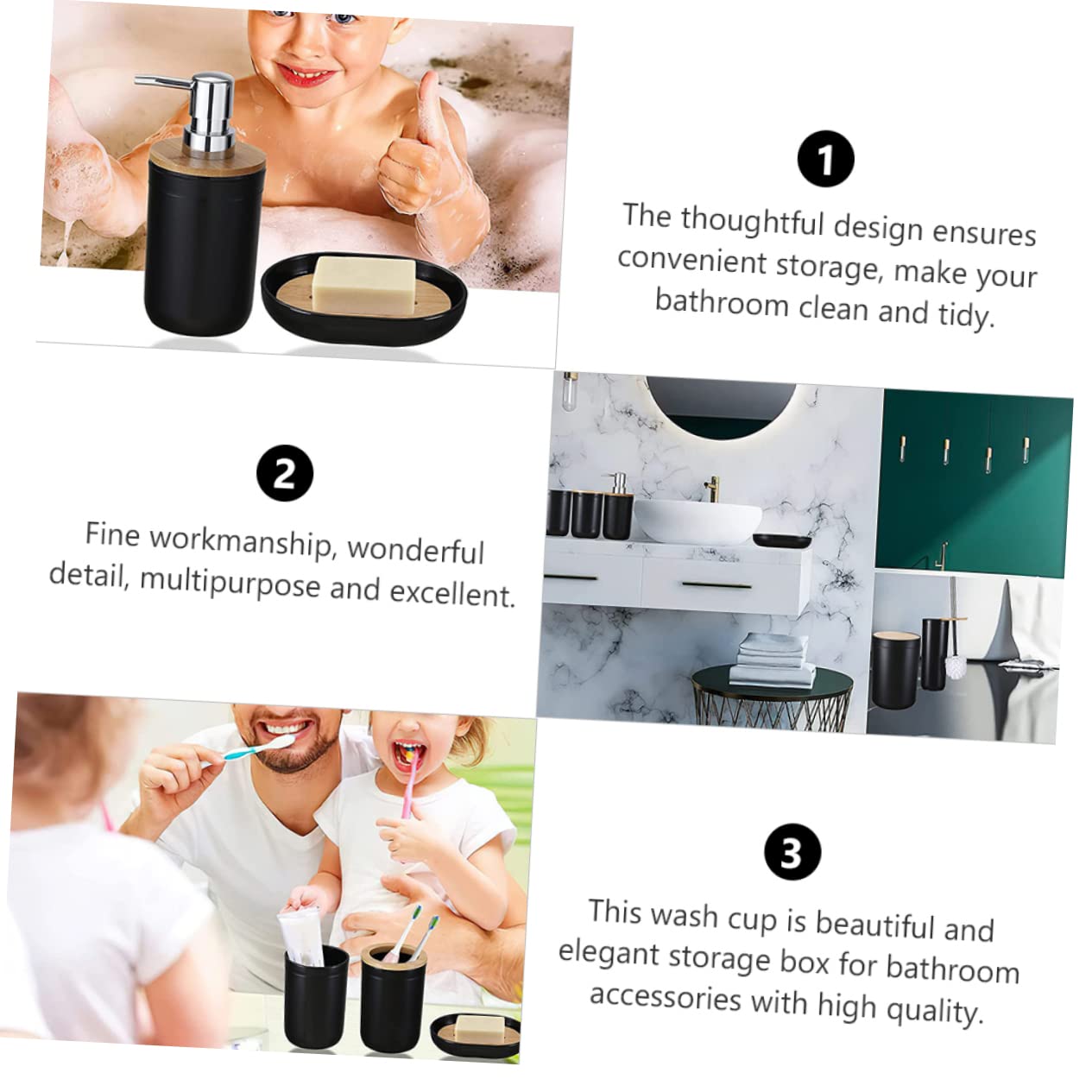 Bambou Set D’Accessoires de Salle de Bain Noir 6 Pièces