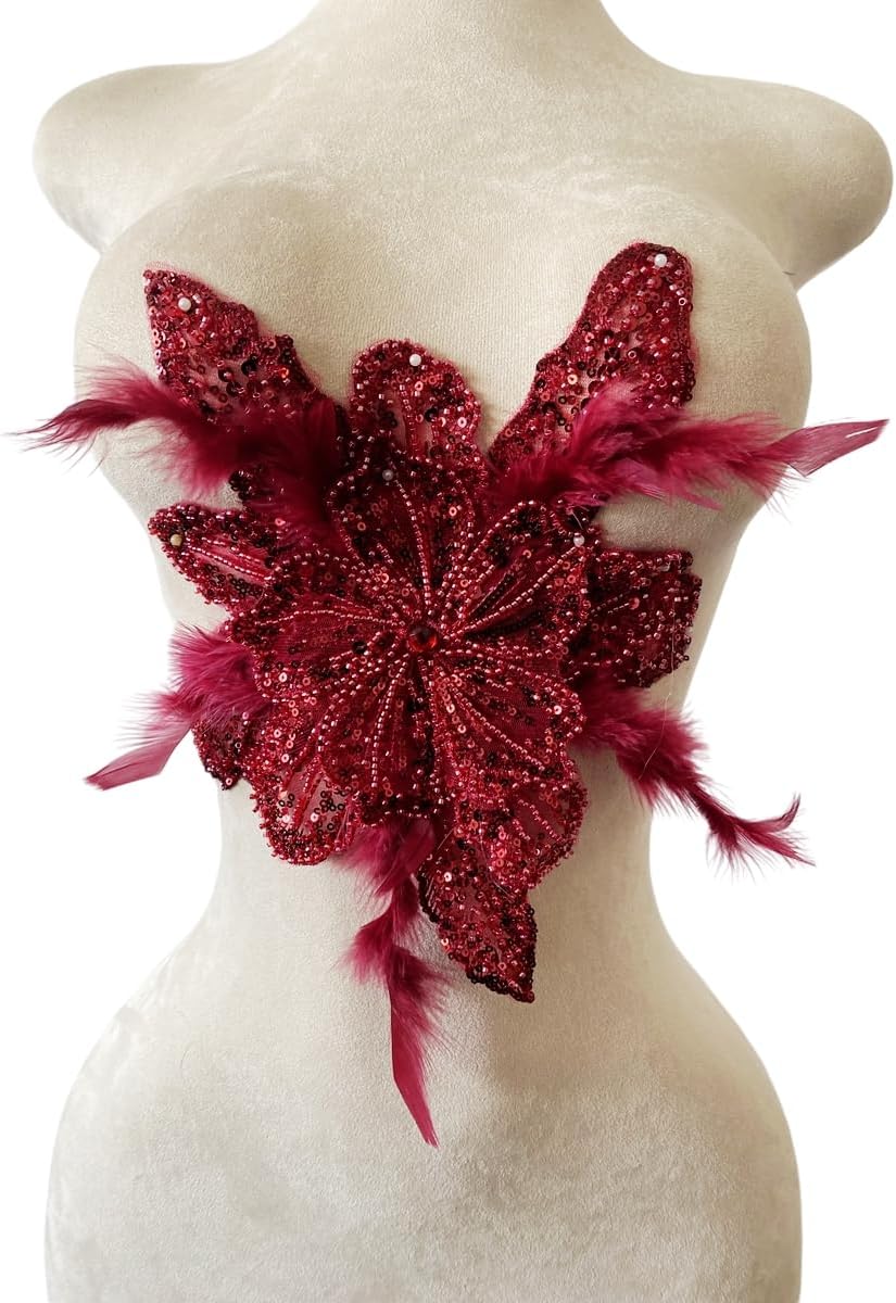Handmade Sewing Crystal DIY Applique Patches Accessory Ostrich Feather Beaded for Wedding Party Clothes Decoration Bridal Dress Accessories 10X12inches (Pink)