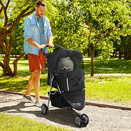 PawHut Hundewagen Hundebuggy klappbar für Hunde & Katzen bis 10 kg Katzenbuggy mit Kissen Netzfenstern Getränkehalter Aufbewahrungstasche Katzenwagen Buggy Schwarz