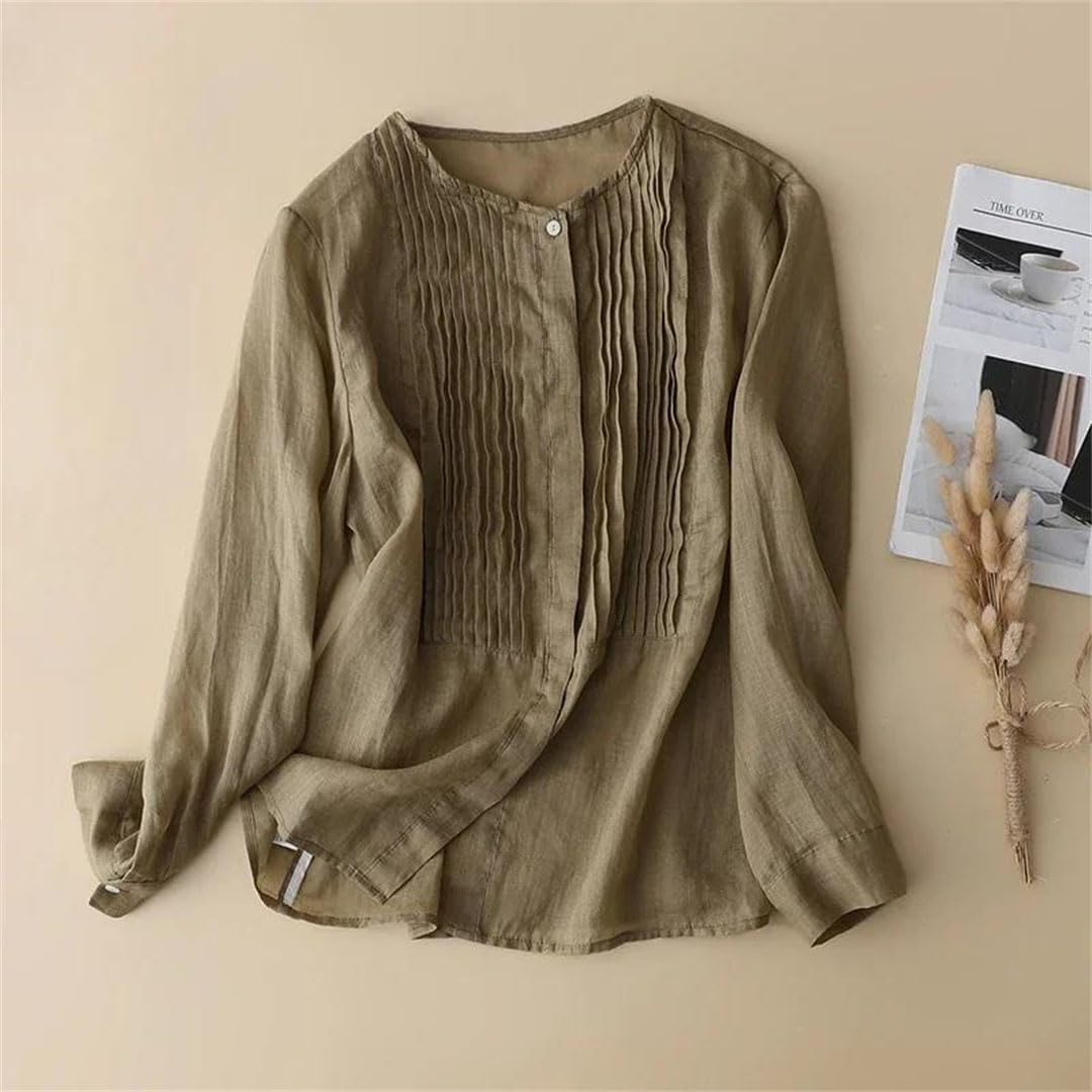 Camicia da donna in stile cinese in cotone e lino camicette vintage sciolto tinta unita abbigliamento maniche lunghe top