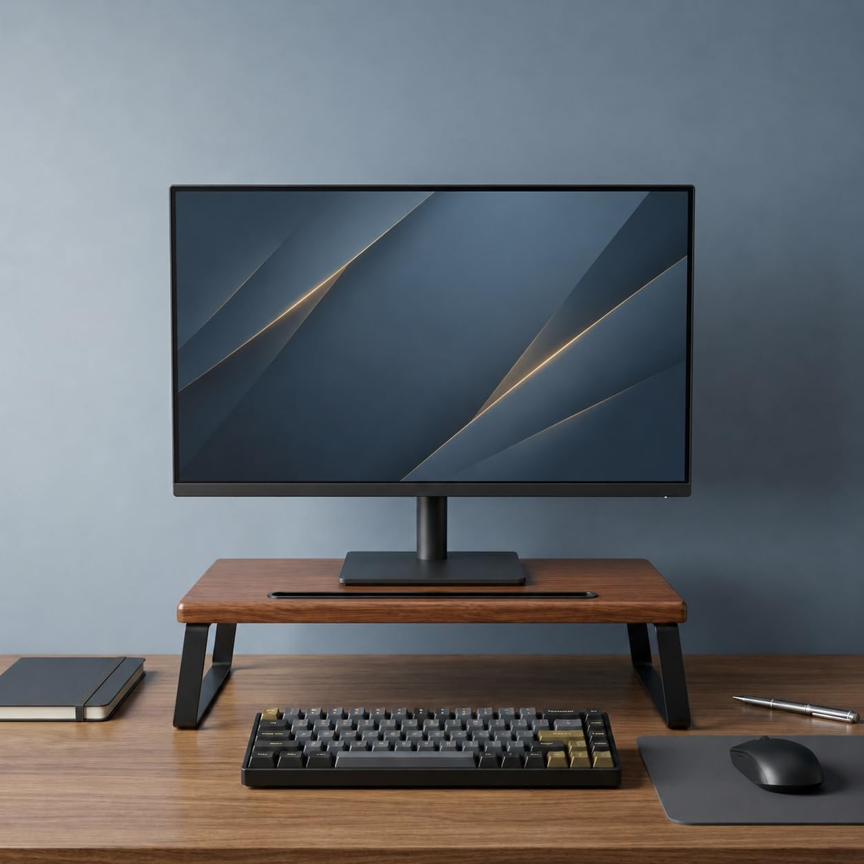 15.1" Monitor Riser for Small Desks with Keyboard Storage, Walnut