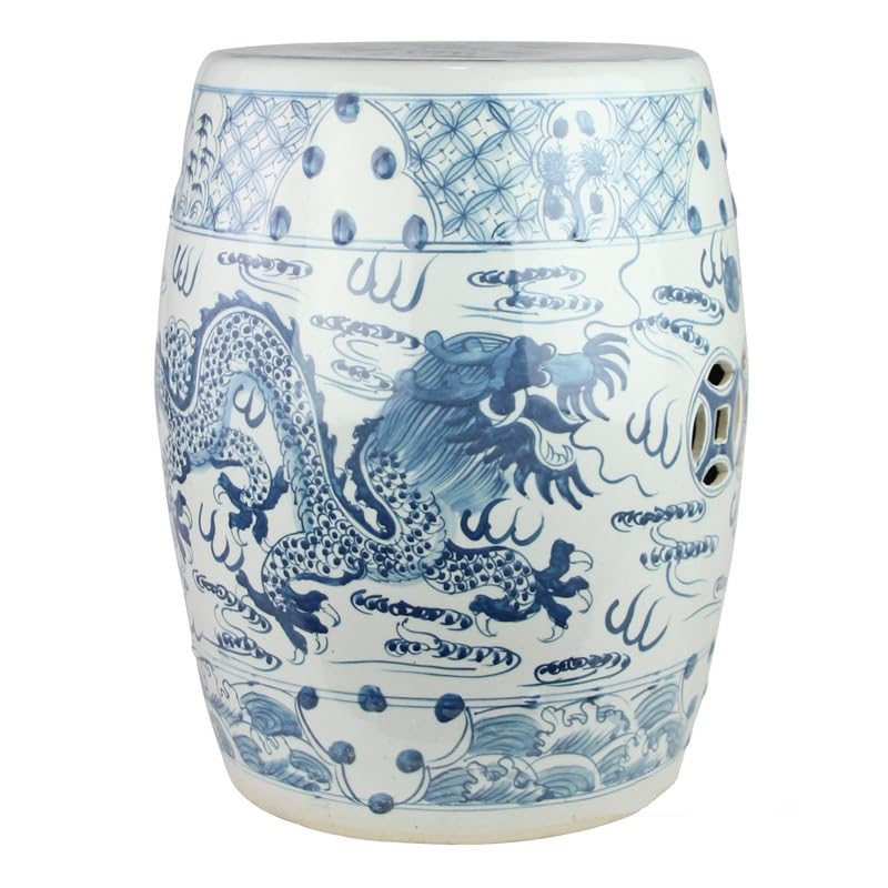 Taburete de jardín de cerámica, porcelana azul y blanca pintada a mano, mesa auxiliar hexagonal decorativa para el hogar y el jardín, mueble de tambor versátil