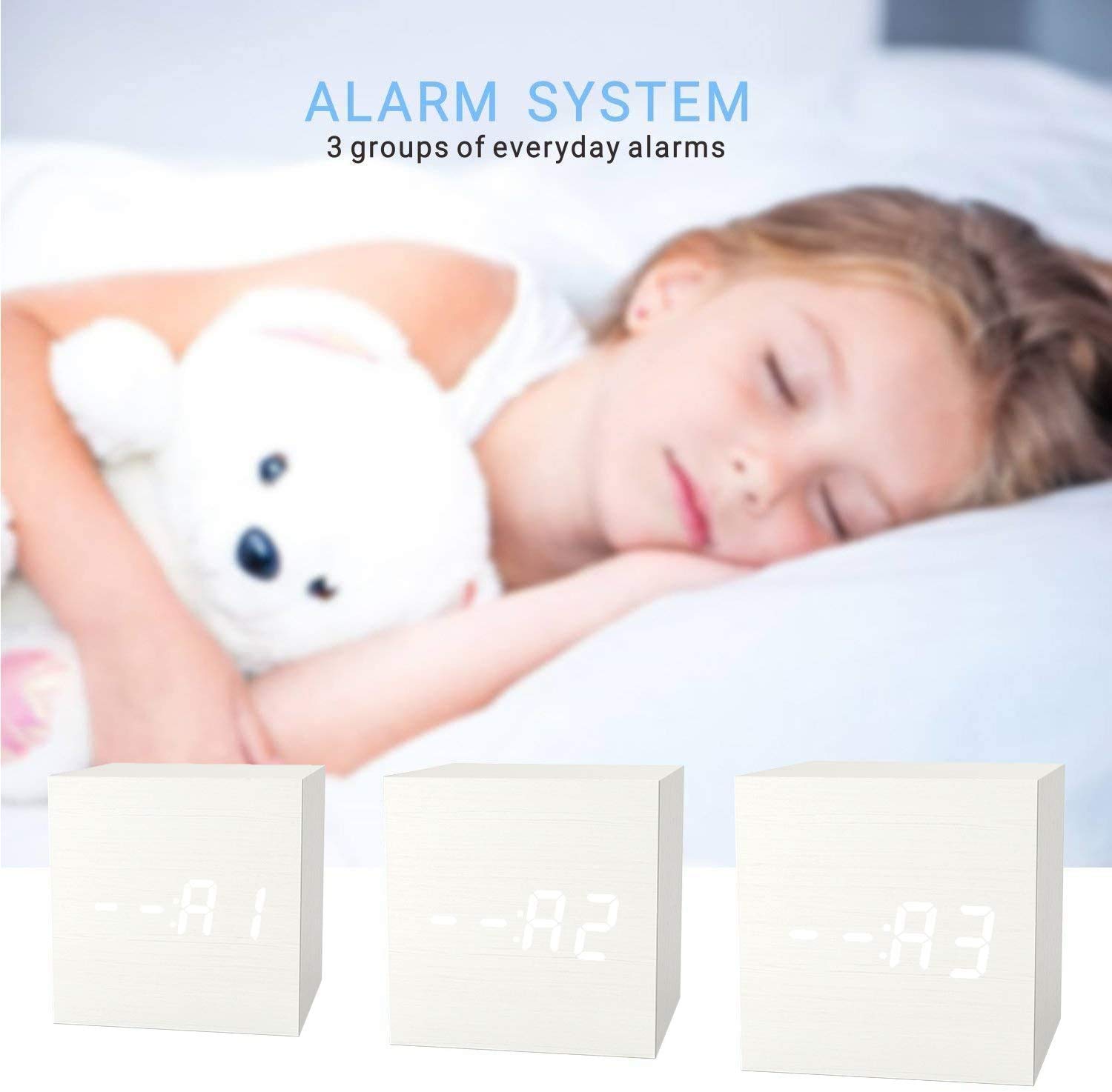 Micar Digital Alarm Clock Wooden Alarm Clock USB/Battery Powered, Desk Clock Cube Clock for