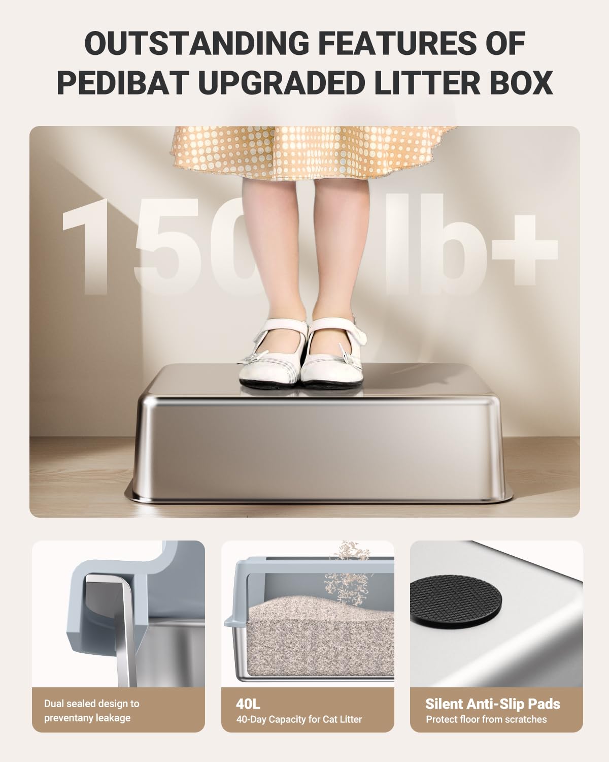 PEDIBAT XL Stainless Steel Litter Box, Large Metal Cat Litter Box with High Sided for Big Cats, Enclosed Litter Boxes with Lid, Easy-Clean Cat Litter Mat & Scoop Kit, Non Sticky, Anti-Urine Leakage - image 7