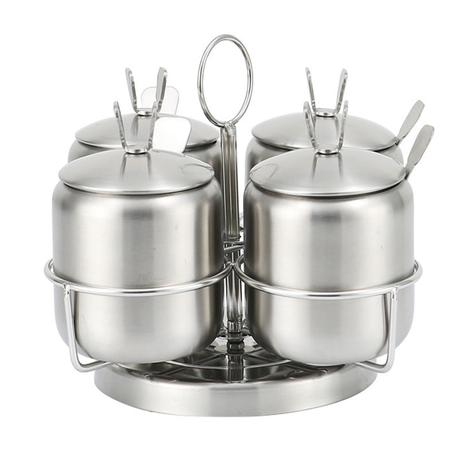 Lot de 4 pots à épices en acier inoxydable avec support rotatif, 350 ml avec couvercles et cuillères pour condiments, épices, sel, sucre