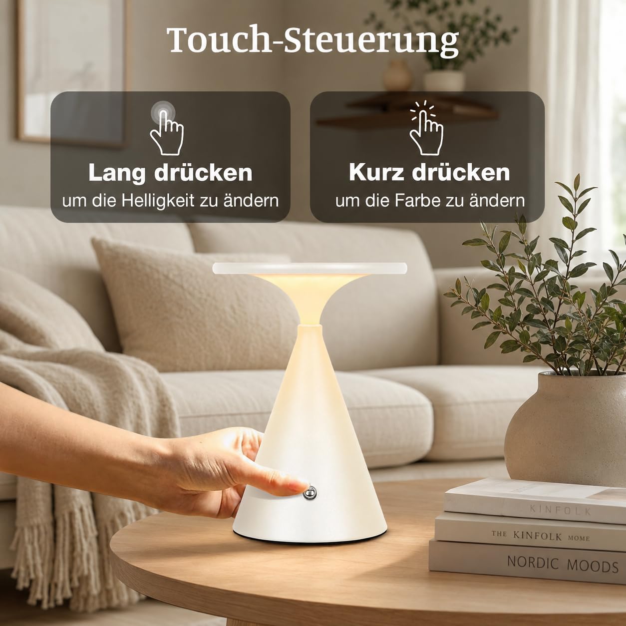 Rosnek Tischlampe Kabellose LED, 4000mAh Dimmbare Akku Tischleuchte, Outdoor/Indoor Touch Lampe, 3 Farb Unbegrenztes Dimmen Stylische Tischlampe, Lampe Akku für Innen & Außenbereich (Weiß, 2er Pack)