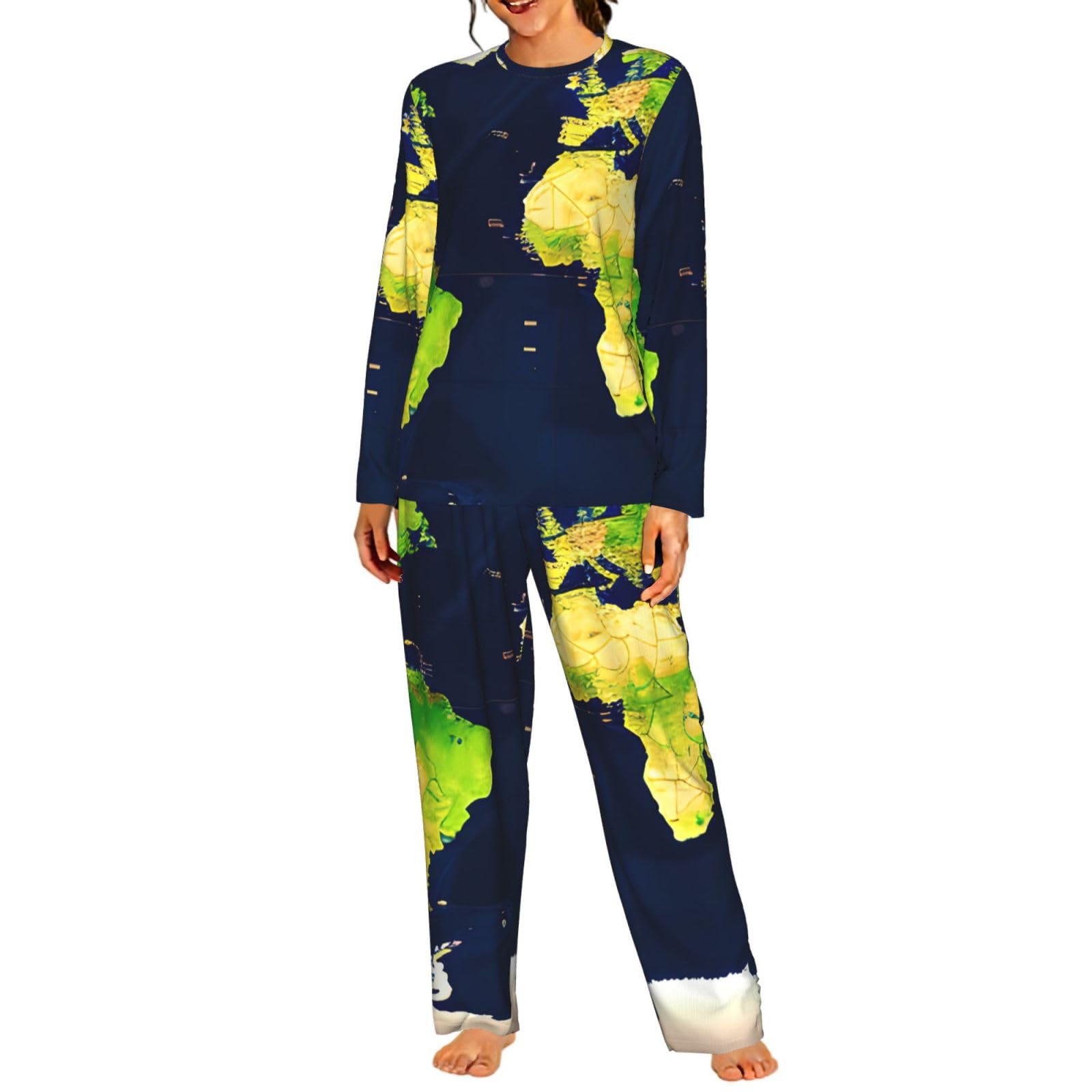 Pigiama da donna a maniche lunghe con stampa mappa del mondo, morbido, da spiaggia, vacanze, biancheria da notte, regalo casual