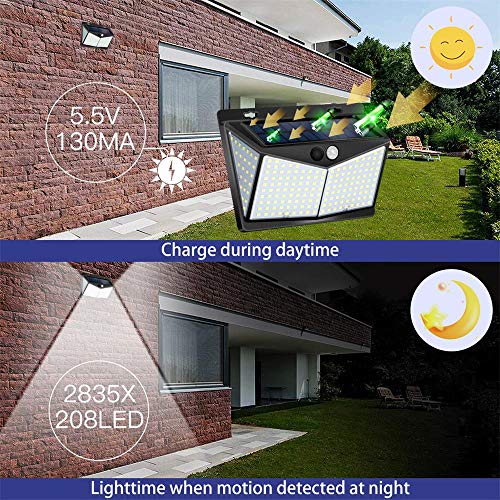 Solar Lights Outdoor 208 LED ,Solar Motion Lights Outdoor,3 Optional Modes Wireless Motion Sensor Light with 270°Wide Angle, IP65 Waterproof, Easy-to-Install Garden, Front Door, Yard, Garage-2Pack