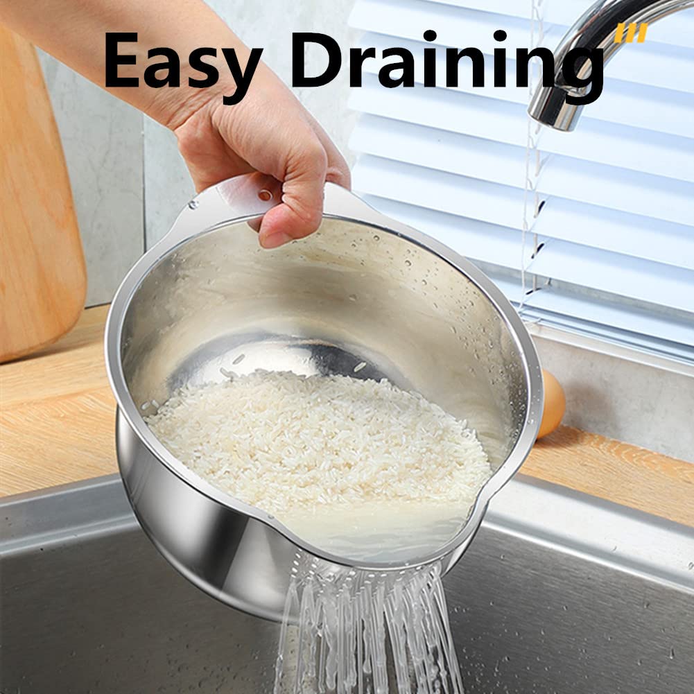 Lavvi - Cuenco de acero inoxidable para lavar arroz, versátil 3 en 1, colador para cocina, verduras, frutas, plata, 9.84 pulgadas 5