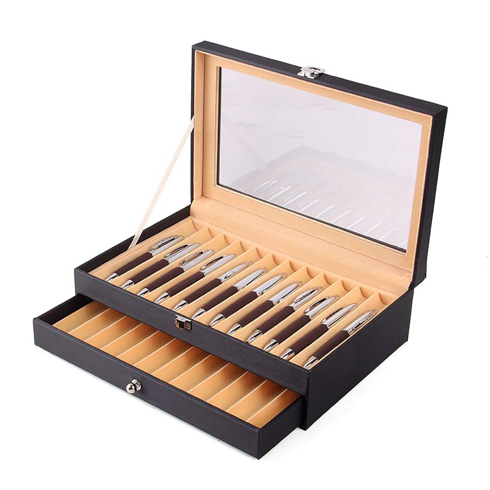 Meeden Sakura - Portapenne in legno con 24 scomparti, colore nero, 30,5 x 20 x 9,5 cm, coperchio trasparente, 2 livelli con cassetto