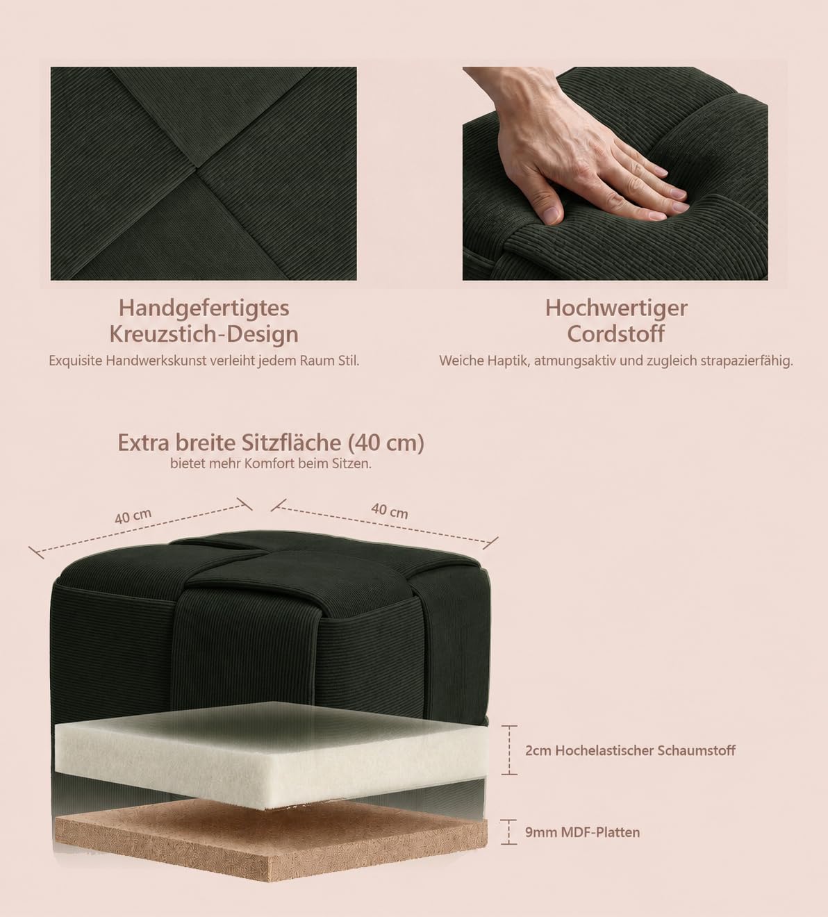 Zedelmaier Sitzhocker aus Cord, Sitzwürfel 40 x 40 x 40 cm, Dunkelgrün | Handgefertigtes Kreuzgeflecht, weicher Cordbezug, quadratischer Polsterhocker, als Fußhocker & Sofahocker, bis 150 kg