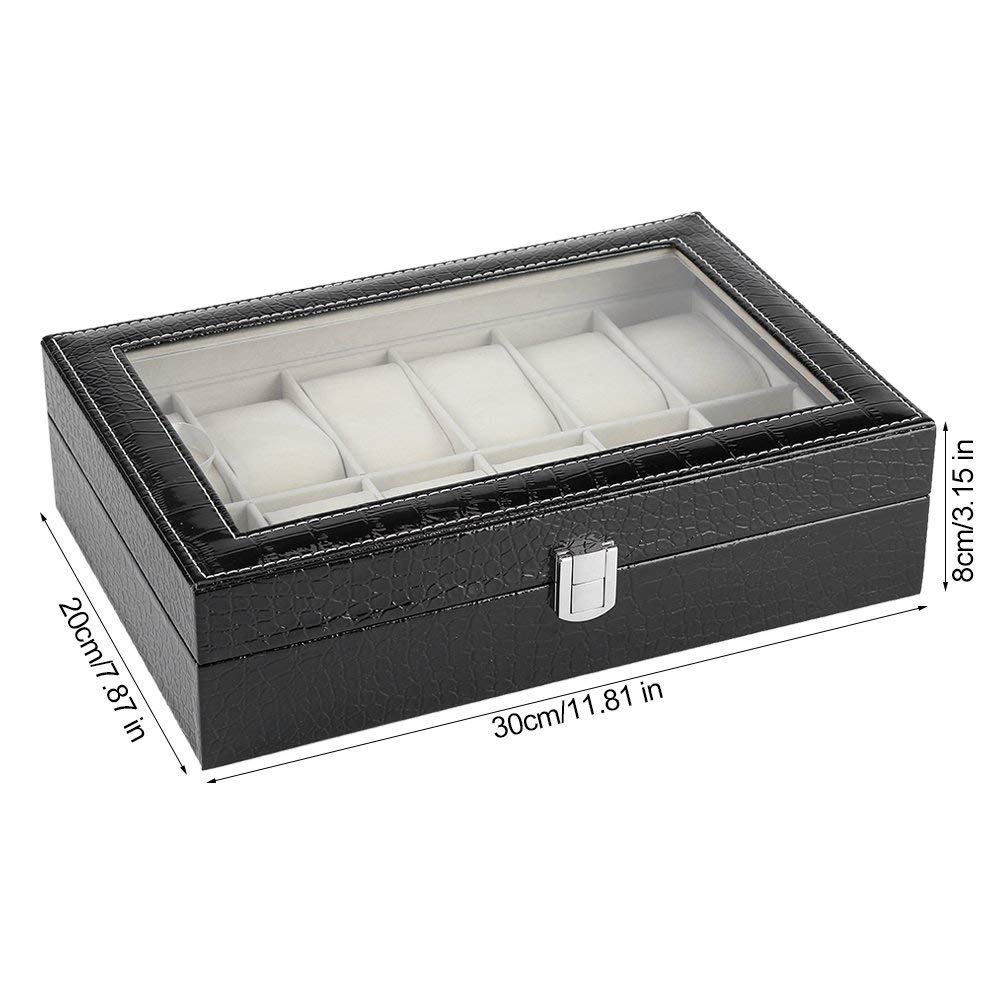 Fdit Grande boîte à montres en cuir synthétique à 12 emplacements pour montres et bijoux - Avec couvercle en verre et verrou en métal - Pour homme et femme (noir)