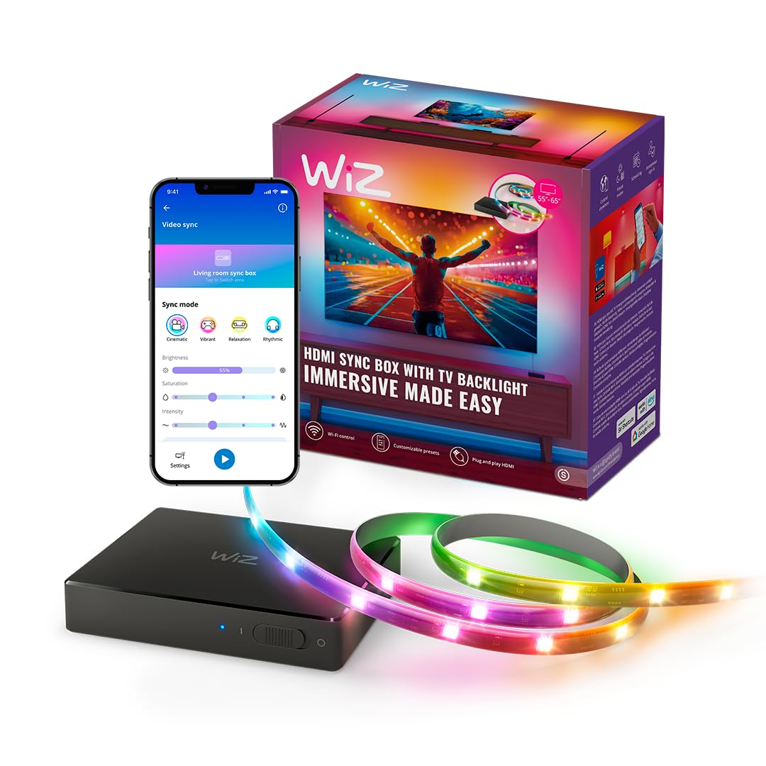 WiZ HDMI Sync Box con retroiluminación de TV - Sincroniza la luz con tus películas, juegos y música - HDMI 2.0 - Soporta 4K a 60Hz - Tira LED RGBIC para televisores de 55 a 65 pulgadas