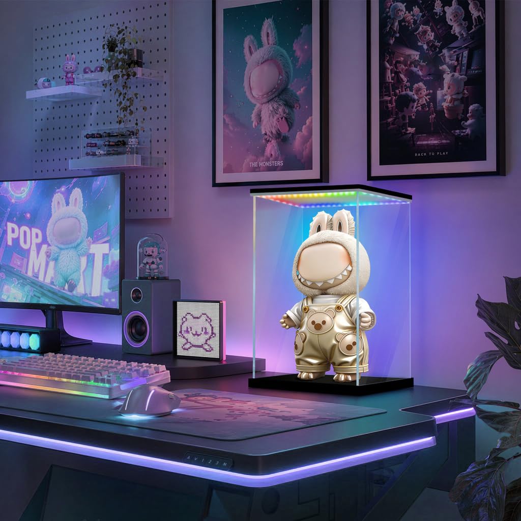 LANSCOERY Vitrine lumineuse RVB en acrylique, boîte de vitrine anti-poussière avec protection UV pour figurines, objets de collection, jouets - 24,9 x 18 x 41,9 cm
