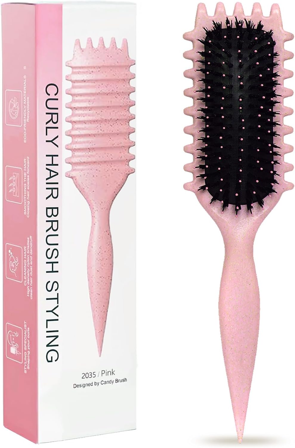 Pink Curl Defining Brush for Curly Hair – Detangling & Styling Brush for Women & Men, Defines 2A to 4C Curls, Reduces Frizz, Perfect for Wet & Dry Hair (Pink)