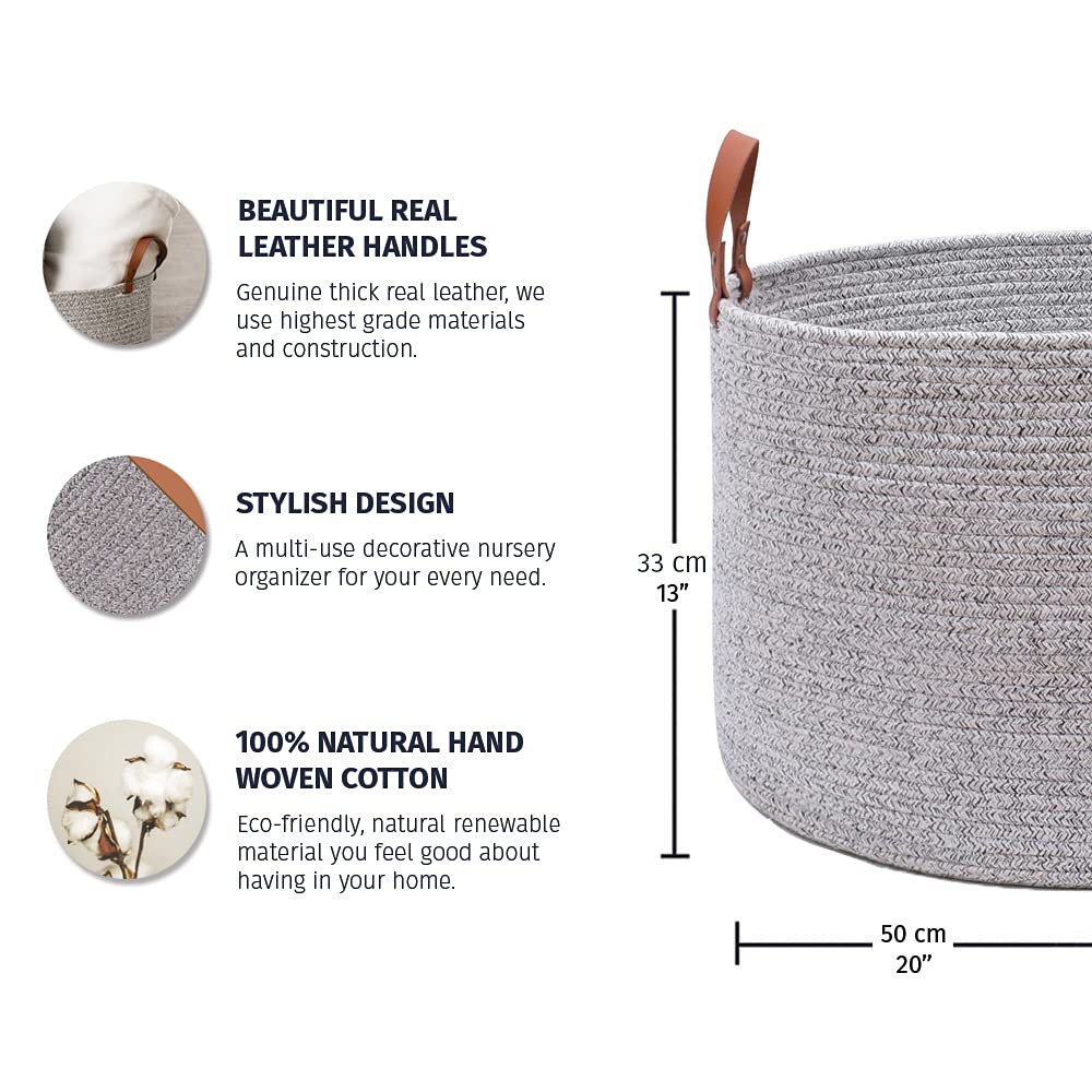 OrganiHaus XXL Extra Large Cotton Rope Basket with Genuine Leather Handles, Width 50 x 33 cm, Woven Blanket Storage Basket - Image 2