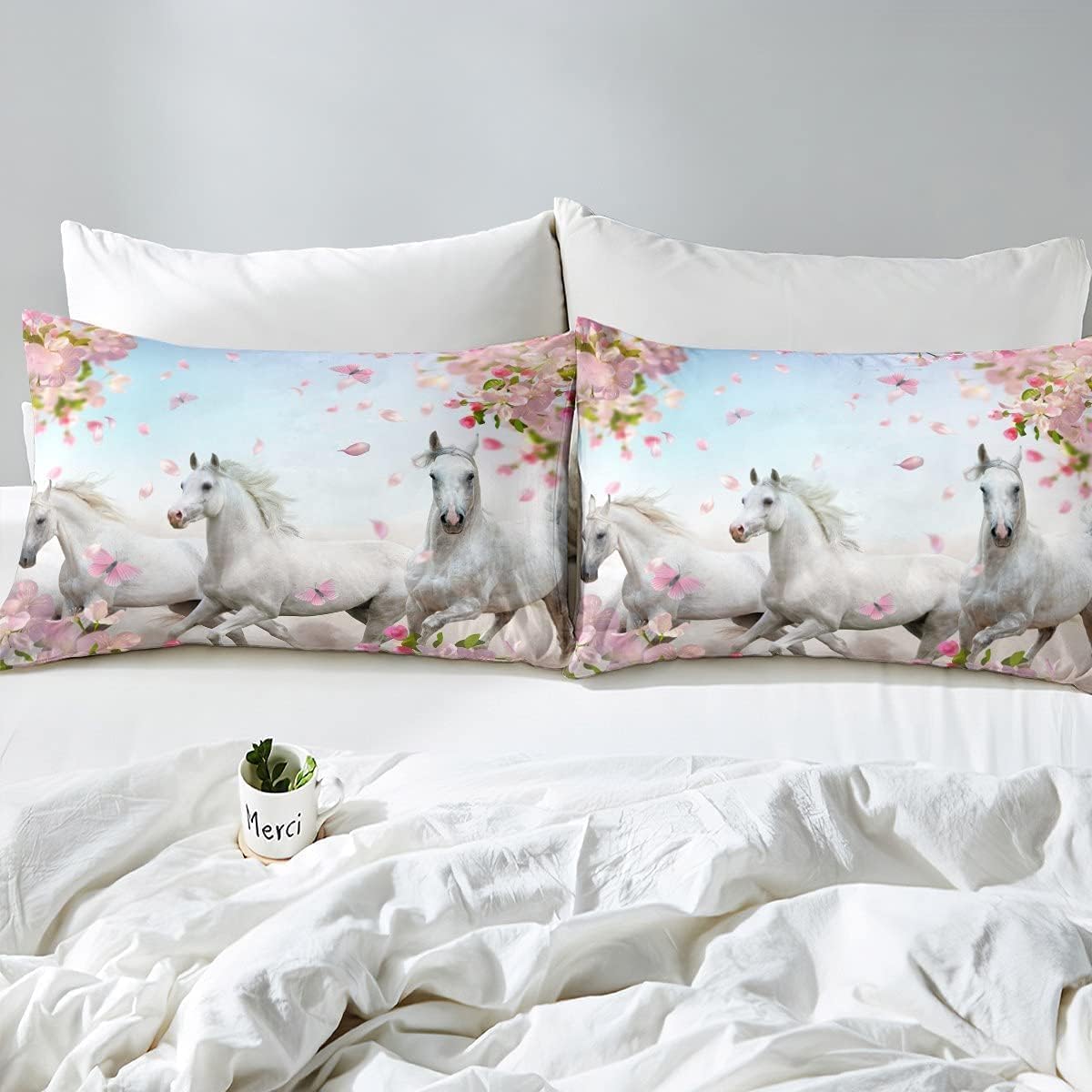 Loussiesd Single Girl Horse Bedding Set Flying Horse Set White Duvet Cover Cherry Blossoms Pink Flowers Duvet Cover 3D Wildlife Bedroom Decoration - Image 4