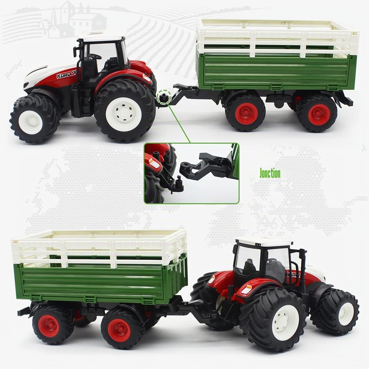 fisca Jouet de tracteur télécommandé RC - Avec remorque - Chariot élévateur avant - Échelle 1/24 - 2,4 GHz - Tracteur électronique - Pour la ferme - Camion - Jouet avec lumière - Pour enfants âgés