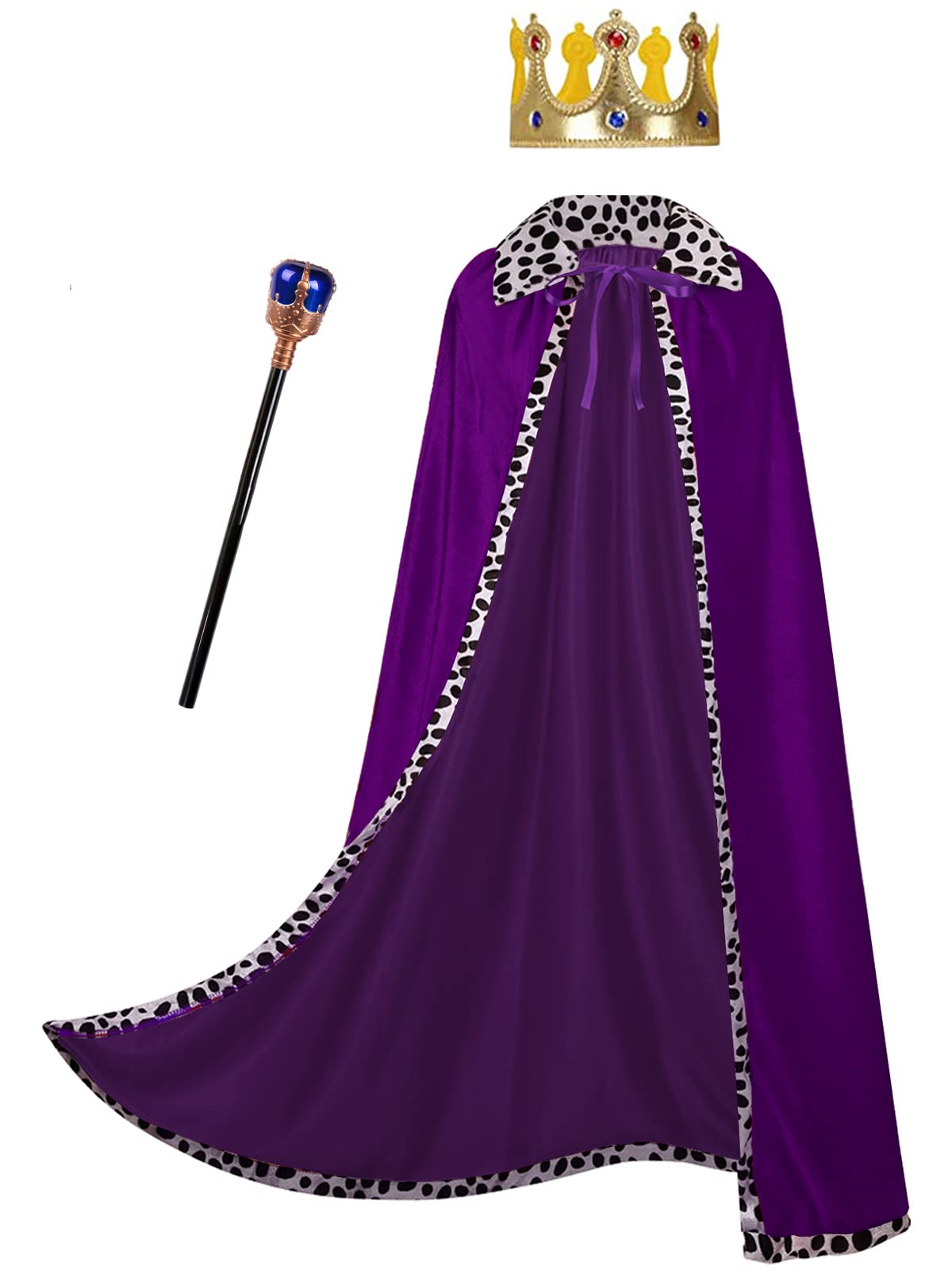 GRAJTCIN King Costume Cape for Adult Mardi Gras Velvet Robe and Crown & Scepter 3PCS Set