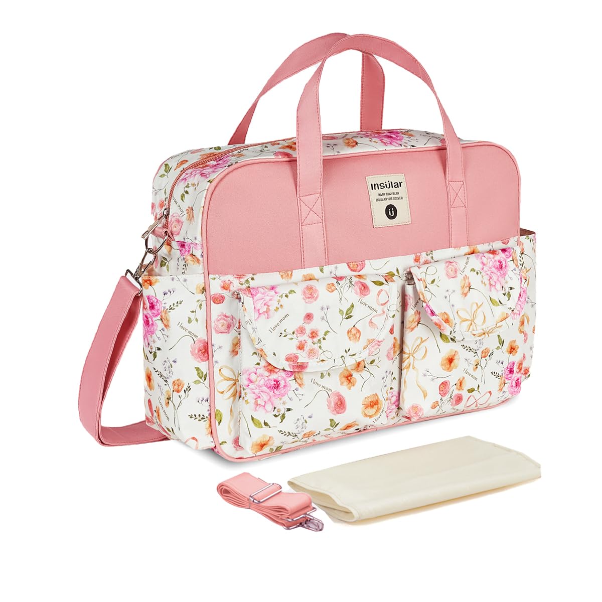 SONARIN Large Capacity Multifunctional Baby Nappy Changing Tote Bag,Waterproof Baby Changing Bag Satchel Messenger Bag Travel Diaper Bag with Shoulder Strap & Changing Mat(Pink-Flower)