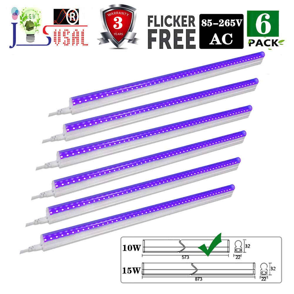 JSVSAL6-Pack, LED Blacklight Bar,10W 2ft T5 Integrated Bulb with 5.0ft Power Cord with Switch,Glow in The Dark Party Supplies for Fluorescent Poster and Party, Christmas Lights.