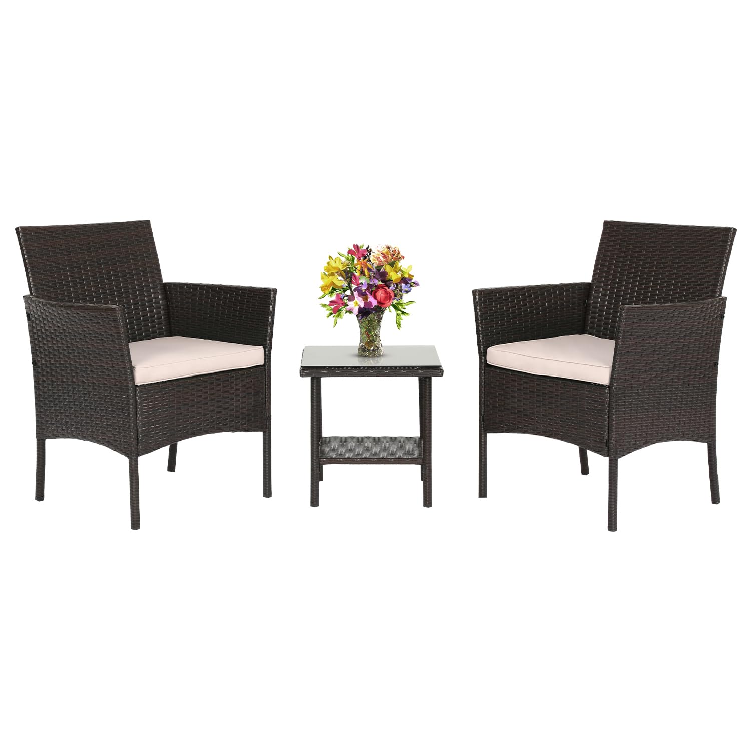 FDW Patio Bistro Conversation Set Wicker Furniture 2 Rattan Chairs Cushions and Glass Coffee Table for Porch Lawn Garden Balcony Backyard, 3 Pieces, Brown and Khaki
