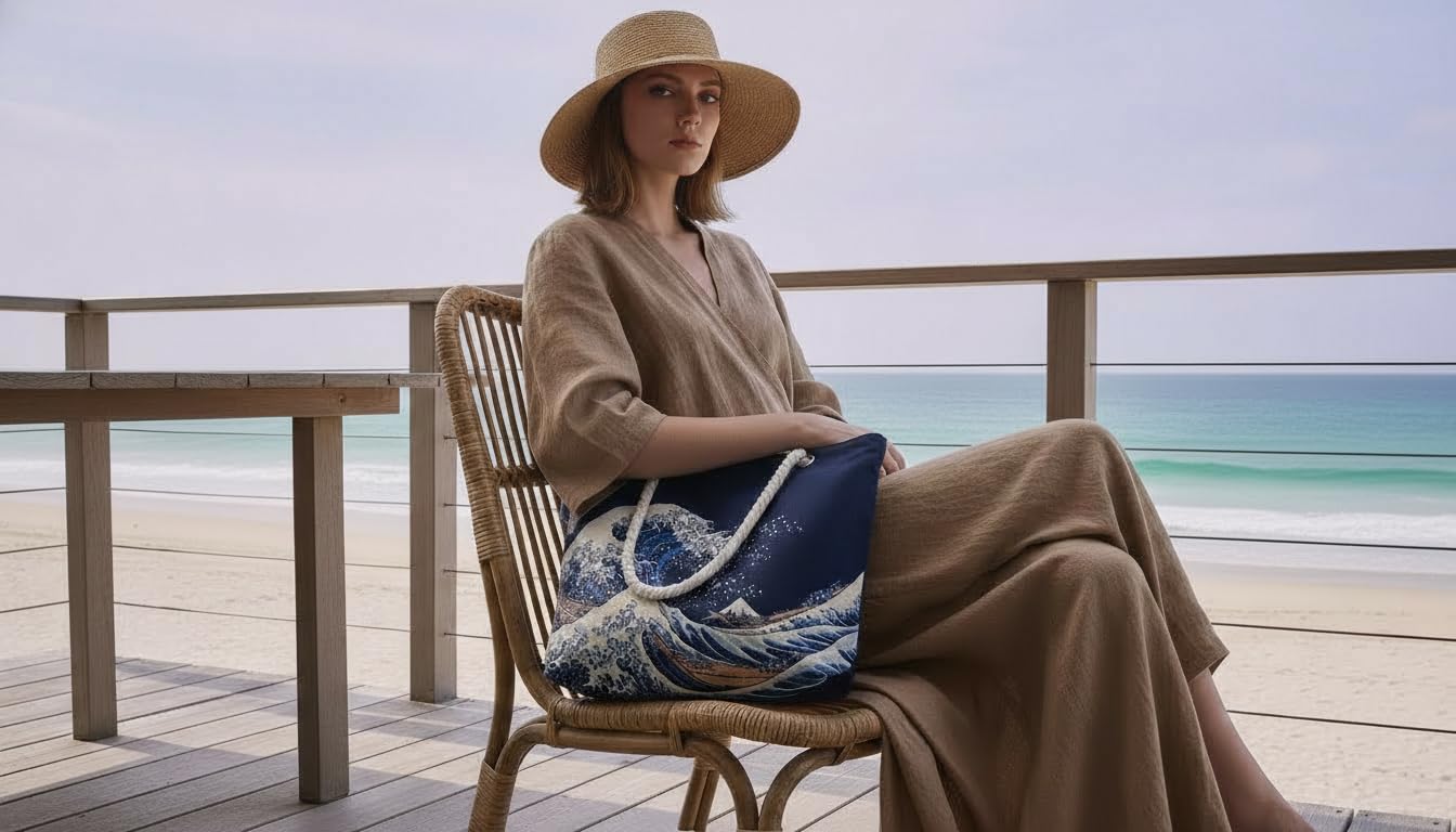Signare Bolsa de playa con tapiz, gran ola de Kanagawa, diseño de museo británico con asas de cuerda (Great Wave Off Kanagawa, BEACH-BM-WAVE)