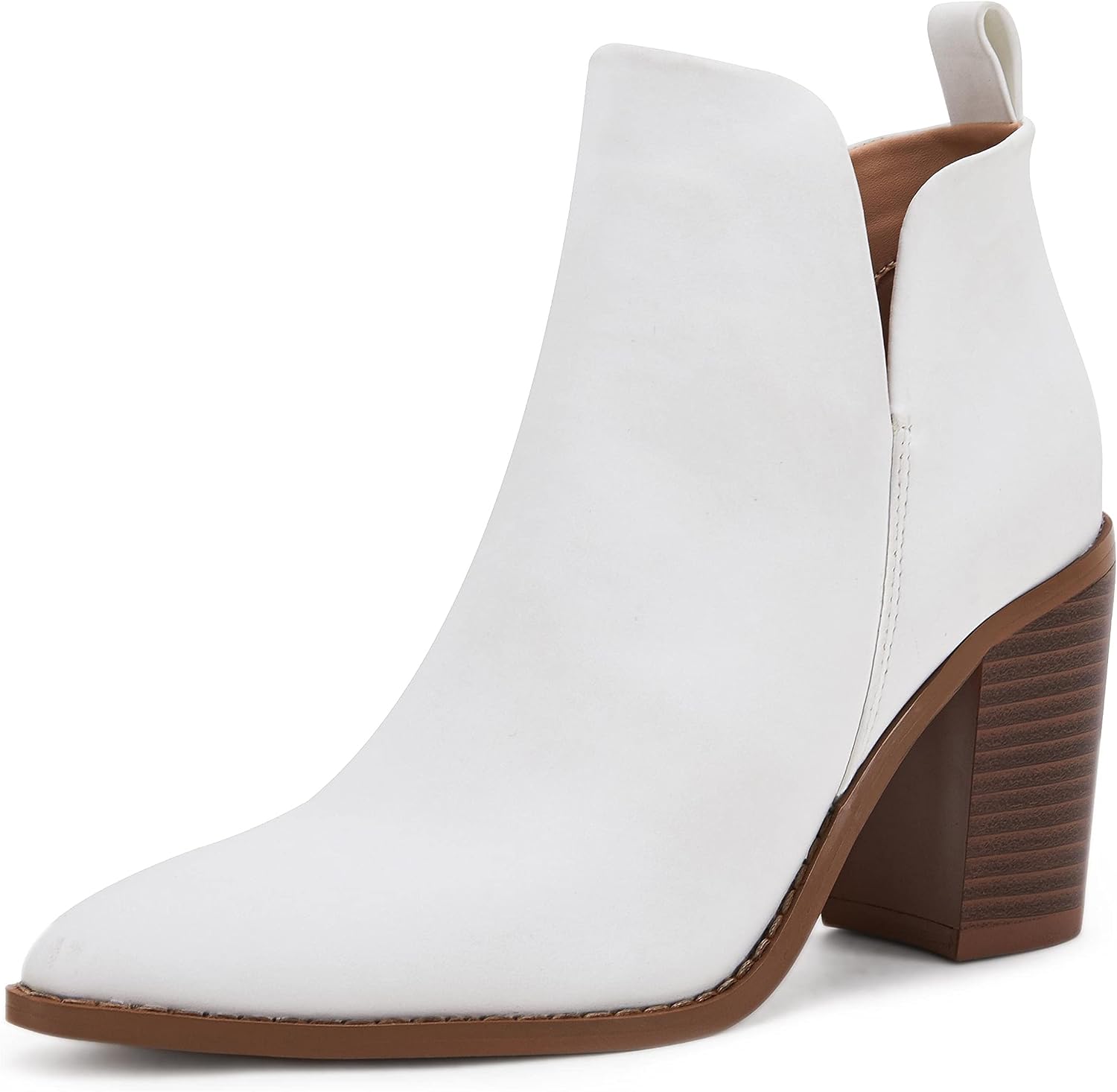 PiePieBuy Women's Side V Cutout Ankle Booties Pointed Toe Chunky Stacked Mid Heel Slip on Western Boots