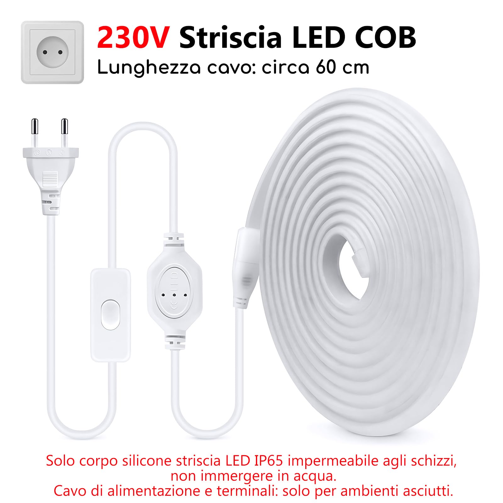 Striscia LED COB 220V IP65,per Interni ed Esterni(3000K, led striscia 10m) | 240 LED/m per una luce continua da circa 780 lm/m con consumo di 10 W/m; flessibile e adatta a cucina, camera, bar e terrazza