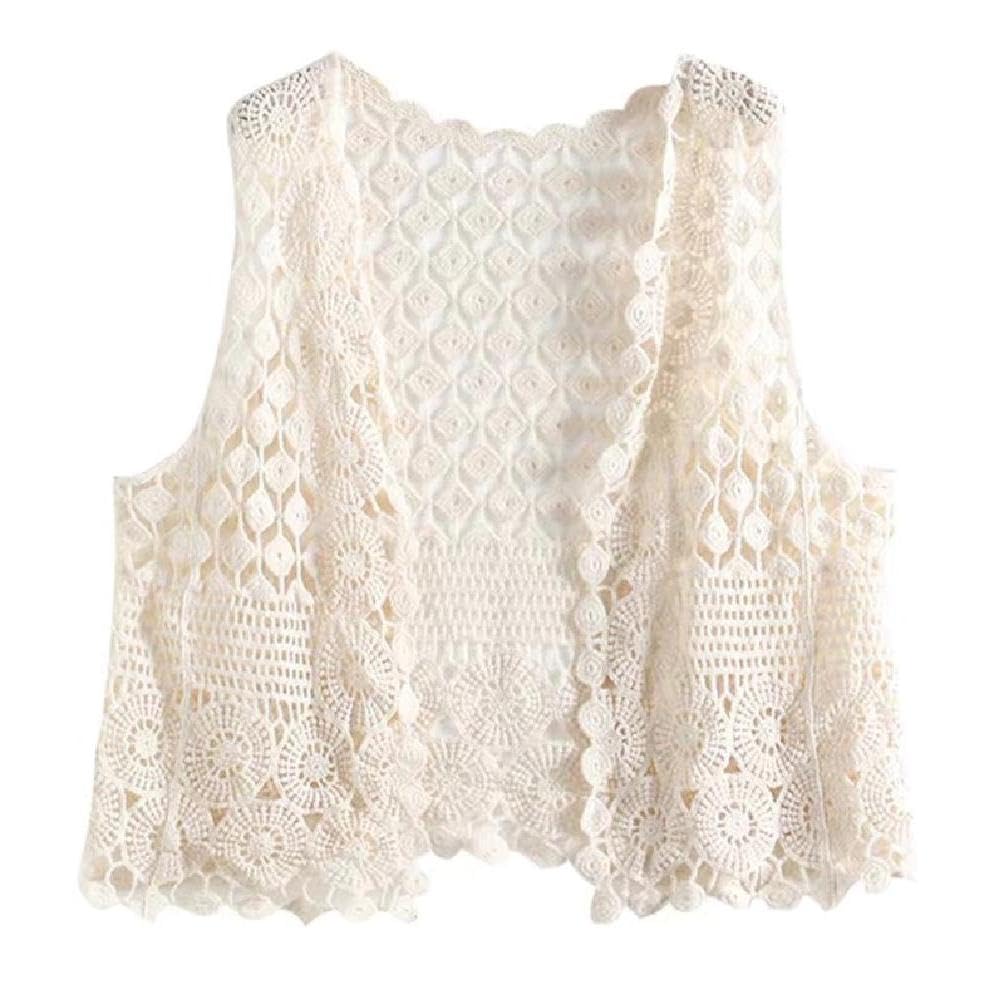 Chniafin Women's Beige Crochet Sleeveless Vest Waistcoat Hollow Knit Geometric Cardigan For Jacke Brown Sleeveless Cardigan