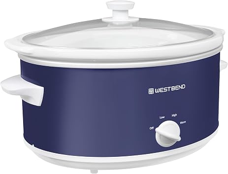 West Bend Slow Cooker 6-Quart Manual Crockery Style with Dishwasher Safe Oval Ceramic Crockpot and Glass Lid Two Temperature Settings Plus Keep Warm, 330-Watts, Navy