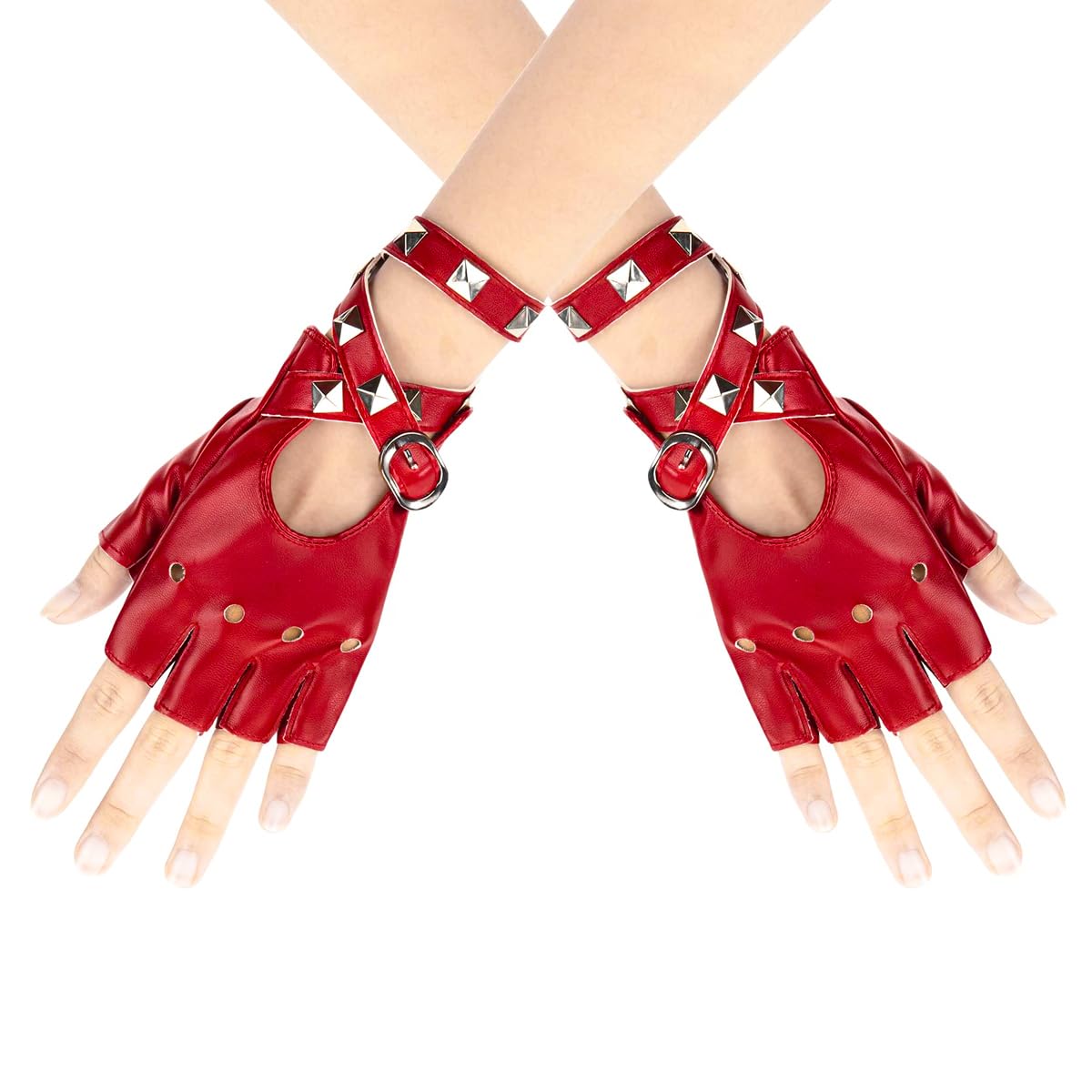 Orivin 1 Paar Handschuhe Nieten Halbfinger Fingerlos Rock Damen Mädchen Lederhandschuhe Für Tanz, Hip Hop, Performance, Pole Dance, Cosplay, Party Rot Fashion