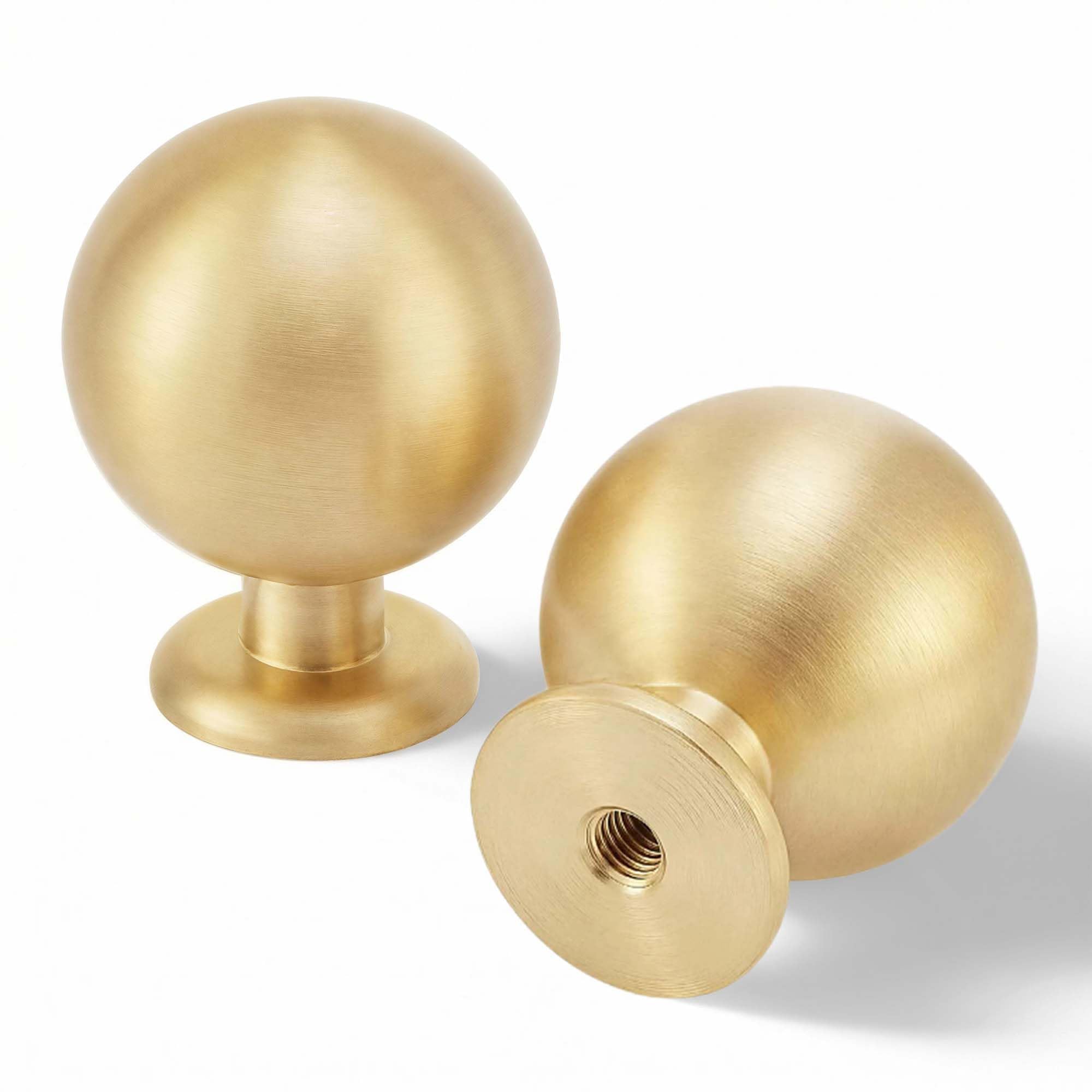 QOGRISUN Schrankknäufe aus massivem Messing, runde Kugel, goldfarben, 2,8 cm Durchmesser, Kugel-Schrankgriffe, gebürstetes Messing-Finish, 15 Stück