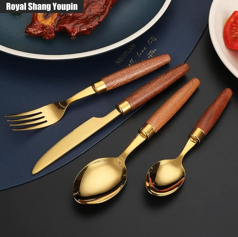 Unico Manico in Legno Da Cucina in Acciaio Inox Posate Posate Posate Set Coltello Da Bistecca Forchetta Cucchiaio Cucchiaino (Oro,16 pezzi)