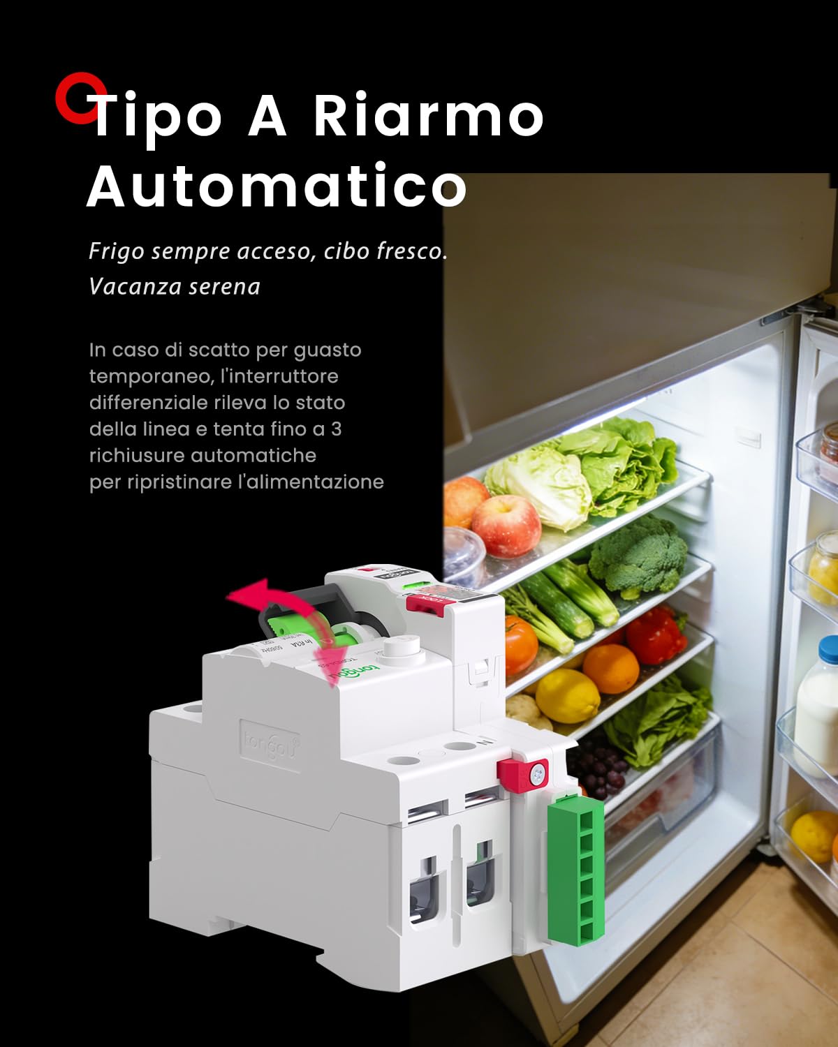 TONGOU Salvavita a Riarmo Automatico Tipo A 30mA con Display Digitali a Conto alla Rovescia - Interruttore Differenziale Riarmo Automatico 40A 230V - 3 Moduli