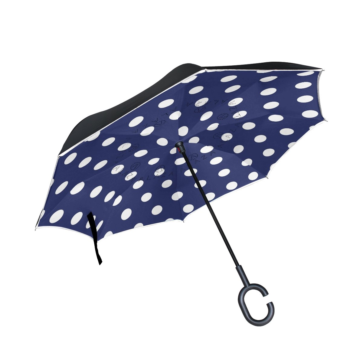 ALAZA Inside Out Folding White Polka Dot Blue Inverted Umbrella, Large Double Layer Outdoor Rain Sun Car Reversible Umbrella