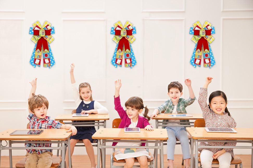 Vista 4 de ALIBBON Lazos grandes de vuelta a la escuela para corona, lazos de corona escolares, lazos de corona de aula rojos, azules, amarillos, para puerta