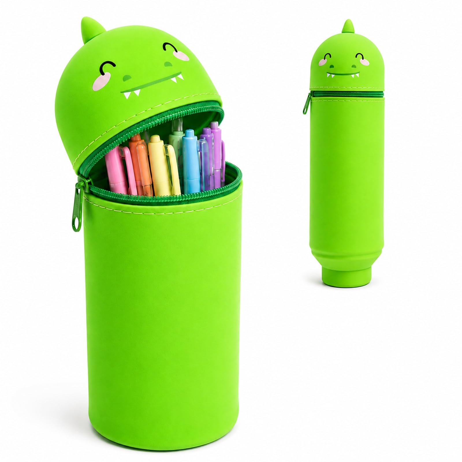 WHJYCC Green Dinosaur Pencil Case, Kawaii Silicone 2-in-1 Pen Holder